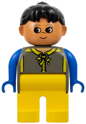 Duplo Figure, Female, Yellow Legs, Dark Gray Top with Yellow Zipper and Blue Arms, Black Ponytail