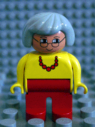 Duplo Figure, Female, Red Legs, Yellow Top with Red Necklace, Light Gray Hair, Glasses, White in Eyes