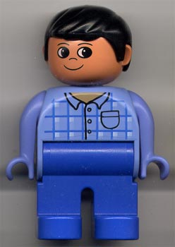 Duplo Figure, Male, Blue Legs, Blue Top Plaid with Pocket, Black Hair