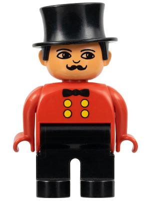 Duplo Figure, Male, Black Legs, Red Top, Top Hat, no White in Eyes Pattern (Circus Ringmaster)
