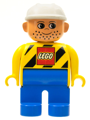 Duplo Figure, Male, Blue Legs, Yellow Top with LEGO Logo on Black Danger Stripes, White Construction Hat (4120077)