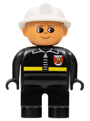 Duplo Figure, Male Fireman, Black Legs, Black Top with Fire Logo and Zipper, White Fire Helmet (75600)