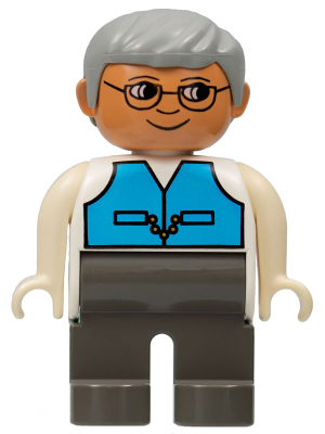 Duplo Figure, Male, Dark Gray Legs, Medium Blue Vest, Gray Hair, Glasses