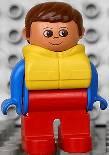 Duplo Figure, Male, Red Legs, Blue Top, Life Jacket, Brown Hair