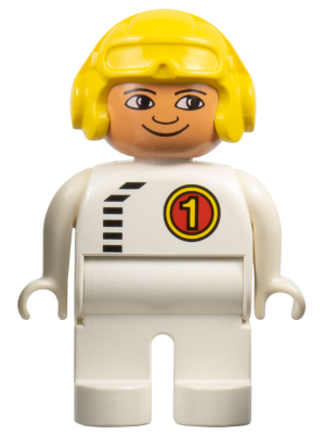 Duplo Figure, Male, White Legs, White Top with Black Zipper and Racer #1, Yellow Aviator Helmet