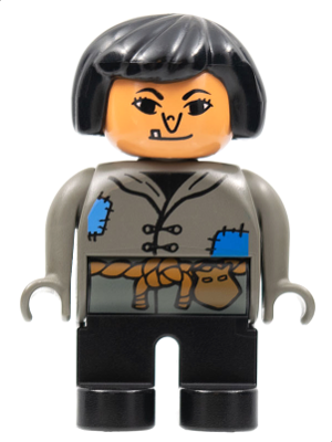 Duplo Figure, Female, Black Legs, Dark Gray Top with Blue Patches, Black Hair, Wart on Nose, Tooth (4171786)