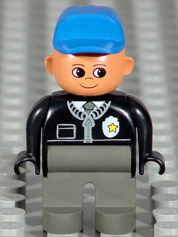 Duplo Figure, Male Police, Dark Gray Legs, Black Top with Zipper, Tie and Badge, Blue Cap