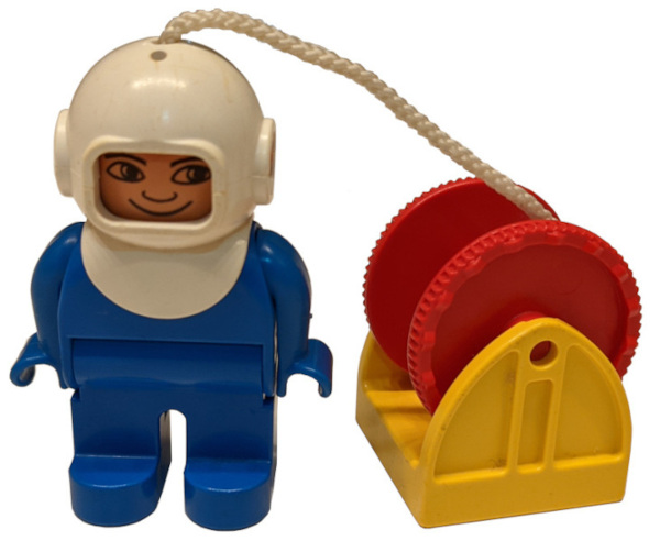 Duplo Figure, Diver, Male, Blue Legs, Blue Top, White Helmet, String and Red Reel, Yellow Drum Reel Holder