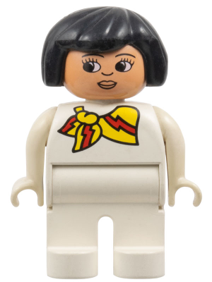 Duplo Figure, Female, White Legs, White Top and with Yellow and Red Scarf, Black Hair