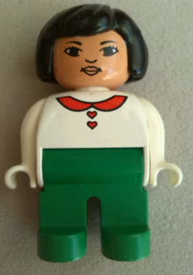 Duplo Figure, Female, Green Legs, White Blouse with Red Heart Buttons and Collar, Black Hair, Lips