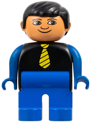 Duplo Figure, Male, Blue Legs, Black Top with Yellow Tie, Blue Arms, Black Hair, White in Eyes