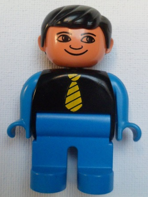 Duplo Figure, Male, Blue Legs, Black Top with Yellow Tie, Blue Arms, Black Hair