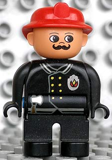 Duplo Figure, Male Fireman, Black Legs, Black Top with Flame Logo, Red Fire Helmet, Moustache (4171016)