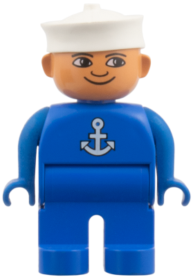 Duplo Figure, Male, Blue Legs, Blue Top with White Anchor, White Sailor Hat