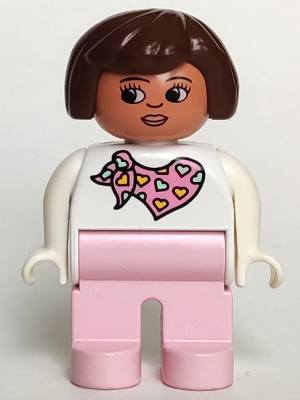 Duplo Figure, Female, Pink Legs, White Top with Pink Scarf with Hearts Pattern, Brown Hair