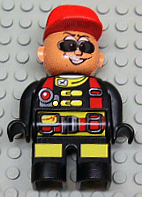 Duplo Figure, Male Action Wheeler, Black Legs with Yellow Patches, Red Straps, Sunglasses, Red Cap (4141905)