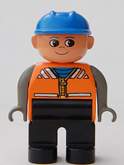 Duplo Figure, Male, Black Legs, Orange Vest, Dark Gray Arms, Construction Hat Blue
