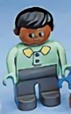 Duplo Figure, Male, Dark Gray Legs, Light Green Top With 2 Buttons And Collar, Black Hair (75691)