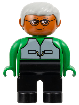 Duplo Figure - Male, Adult Man, Black Legs, Green Top with Vest Pattern, Gray Hair, Dark Orange Head (75511)