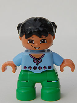 Duplo Figure Lego Ville, Child Girl, Bright Green Legs, Light Blue Top with Red Flowers, Black Hair (4644712, 6233812)