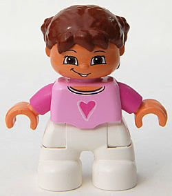 Duplo Figure Lego Ville, Child Girl, White Legs, Bright Pink Top, Dark Pink Arms, Reddish Brown Hair with Braids