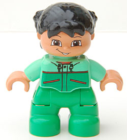 Duplo Figure Lego Ville, Child Girl, Bright Green Legs, Medium Green Top with Red Trim, Black Hair