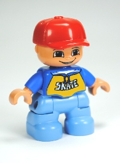 Duplo Figure Lego Ville, Child Boy, Medium Blue Legs, Blue Top with 'SKATE' Pattern, Red Cap (6233829)