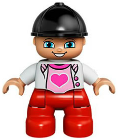 Duplo Figure Lego Ville, Child Girl, Red Legs, White Top with Heart, Black Riding Helmet (6024192)