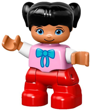 Duplo Figure Lego Ville, Child Girl, Red Legs, Bright Pink Top with Bow Tie, Black Hair with Pigtails