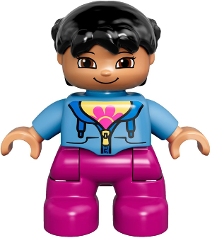 Duplo Figure Lego Ville, Child Girl, Magenta Legs, Medium Blue Jacket over Shirt with Flower, Black Pigtails