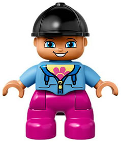 Duplo Figure Lego Ville, Child Girl, Dark Pink Legs, Medium Blue Jacket with Flower Top, Black Riding Helmet (6138099)