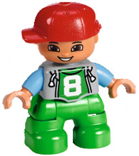 Duplo Figure Lego Ville, Child Boy, Bright Green Legs, Light Bluish Gray Top with '8' Pattern, Medium Blue Arms, Red Cap