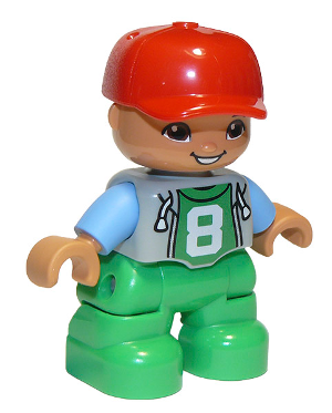 Duplo Figure Lego Ville, Child Boy, Bright Green Legs, Light Bluish Gray Top with '8' Pattern, Medium Blue Arms, Red Cap, Oval Eyes