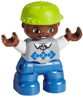 Duplo Figure Lego Ville, Child Boy, Blue Legs, Light Bluish Gray Sweater, White Arms, Lime Cap (6233834)