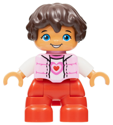 Duplo Figure Lego Ville, Child Girl, Red Legs, Bright Pink Top with Heart Pattern, White Arms, Reddish Brown Hair
