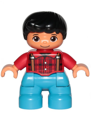 Duplo Figure Lego Ville, Child Boy, Dark Azure Legs, Red Checkered Shirt with Suspenders, Black Hair
