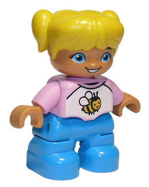 Duplo Figure Lego Ville, Child Girl, Dark Azure Legs, White and Bright Pink Top with Bee, Yellow Hair with Pigtails (6250094)