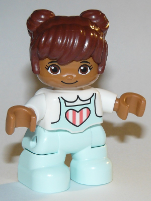 Duplo Figure Lego Ville, Child Girl, Light Aqua Legs, White Top with Coral Stripes in Heart, Reddish Brown Hair (6292954)
