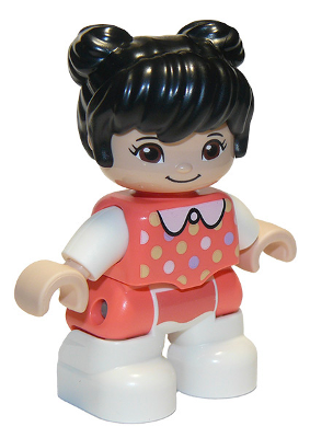 Duplo Figure Lego Ville, Child Girl, White Legs, Coral Top with Polka Dots Pattern, White Arms, Black Hair (6335901)