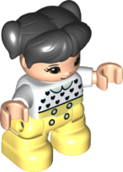 Duplo Figure Lego Ville, Child Girl, Bright Light Yellow Legs, White Top with Black Hearts, Black Hair with Pigtails, Light Nougat Skin (6335905)