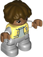 Duplo Figure Lego Ville, Child Boy, Light Bluish Gray Legs, Bright Light Yellow Jacket with Number 1, Dark Brown Hair (6361834)