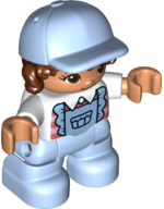 Duplo Figure Lego Ville, Child Girl, Bright Light Blue Legs with Overalls, White Top, Reddish Brown Hair, Bright Light Blue Cap (6349955)
