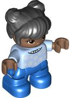 Duplo Figure Lego Ville, Child Girl, Blue Legs, Bright Light Blue Top with White Snowflakes, Reddish Brown Eyes, Black Hair (6397614)