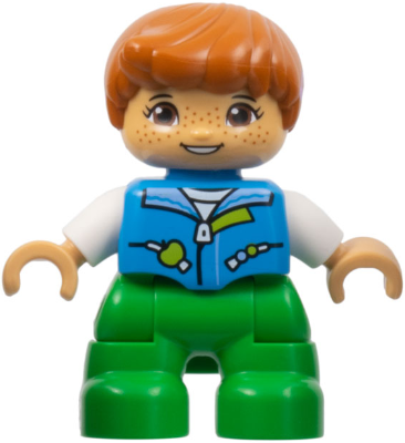 Duplo Figure Lego Ville, Child Girl, Bright Green Legs, Dark Azure Vest, White Shirt, Dark Orange Hair, Hearing Aids (6443276)