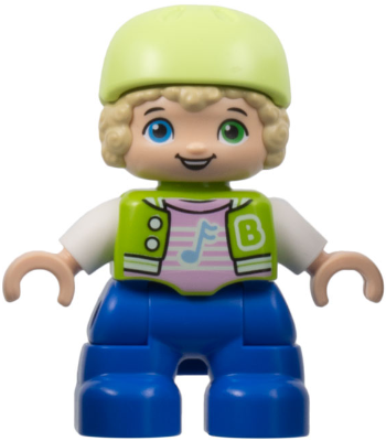 Duplo Figure Lego Ville, Child Boy, Blue Legs, Lime Jacket with White Sleeves, Bright Pink Shirt, Yellowish Green Bicycle Helmet (6424661)