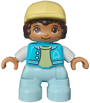 Duplo Figure Lego Ville, Child Boy, Light Aqua Legs, Medium Azure Jacket with Capital Letter A and Buttons, Dark Brown Hair, Bright Light Yellow Cap (6435328)