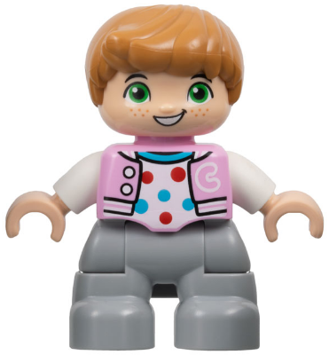 Duplo Figure Lego Ville, Child Boy, Light Bluish Gray Legs, Bright Pink Jacket with Capital Letter C, Polka Dot Shirt, Medium Nougat Hair (6446171)