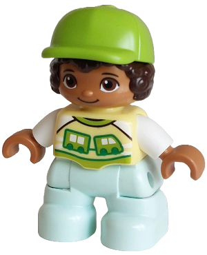 Duplo Figure Lego Ville, Child Boy, Light Aqua Legs, Bright Light Yellow Shirt with Train Pattern, Dark Brown Hair, Lime Cap (6488925)