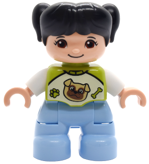 Duplo Figure Lego Ville, Child Girl, Bright Light Blue Legs, Lime Top with Pug Dog Pattern, Black Hair with Pigtails (6527696)