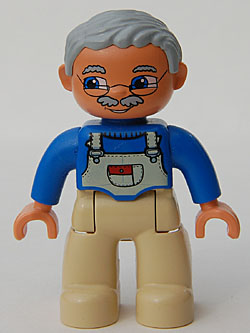 Duplo Figure Lego Ville, Male, Tan Legs, Blue Top with White Overalls Bib, Light Bluish Gray Hair (4213808)
